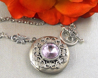 Personalized Photo Victorian Alexandrite Style Locket Antique Silver Locket Rhinestone Vintage Lavender Birthstone Locket Necklace