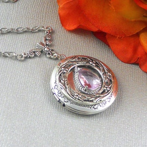 Photo Victorian Purple Lavender Locket Antique Silver Rhinestone Vintage Lily Birthstone Locket Necklace Pendant Necklaces