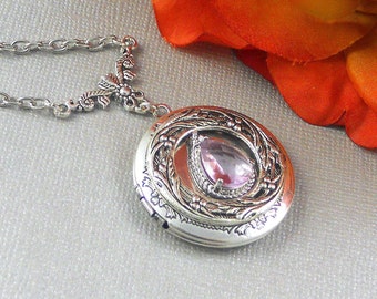 Victorian Purple Lavender Locket Antique Silver Locket Rhinestone Vintage Lily Birthstone Locket Necklace
