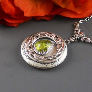 Photo Locket Antique Silver Crystal Vintage Green Birthstone Necklace Peridot Weddings Brides Bridesmaids Mother Her Gift