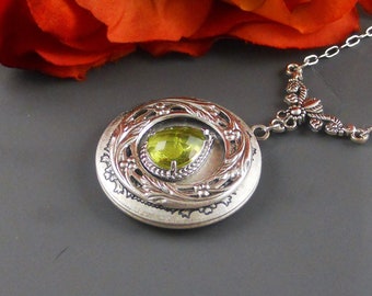 Antique Silver Photo Locket Necklace, Green Crystal Peridot Birthstone