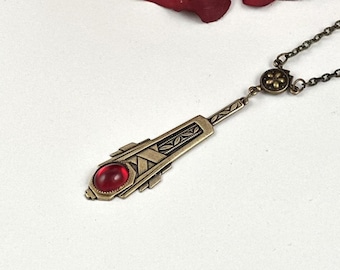 Vintage Jewelry  Art Deco Necklace-Vintage Necklace Ruby Necklace  Brass Jewelry  Manocelebrates Vintage handmade jewelry