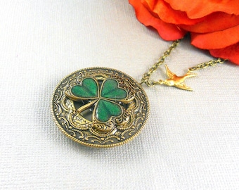 Custom Photo Irish Locket, Antique Gold, Gold Irish Locket, Golden Shamrock Locket, Brides Bridesmaids, Weddings,  Birthdays, Holiday Gift