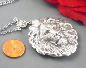 Lion Locket Necklace, Antique Silver Photo Pendant