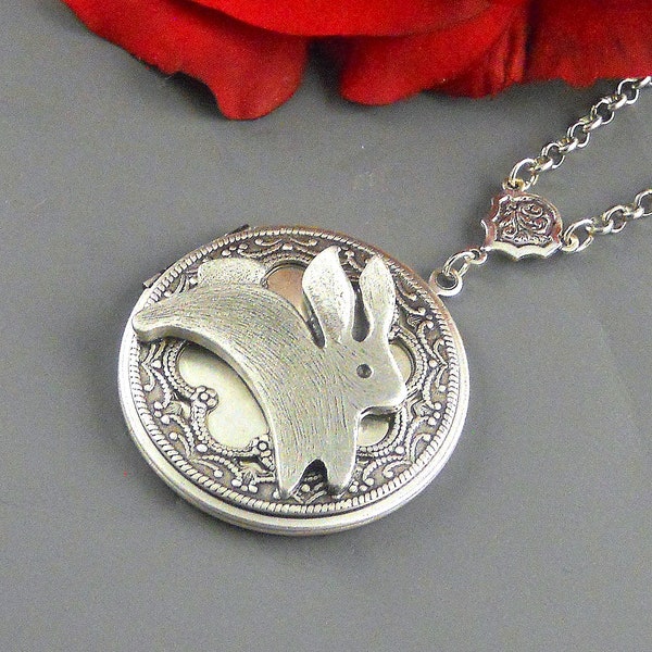 Custom Engraved Photo Rabbit Necklace Pendant Vintage Style Easter Gift Antiqued jewelry Bunny Hare Woodland Theme Jewelry Antique Locket