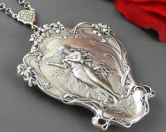 Custom Engraved Photo Necklace Goddess, Harp, Necklace, Locket, Silver Locket, Girl, Antique Locket, Art Nouveau, Woodland, Jewelry, Gift