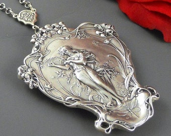 Antique Silver Goddess Locket Necklace, Art Nouveau Harp Jewelry