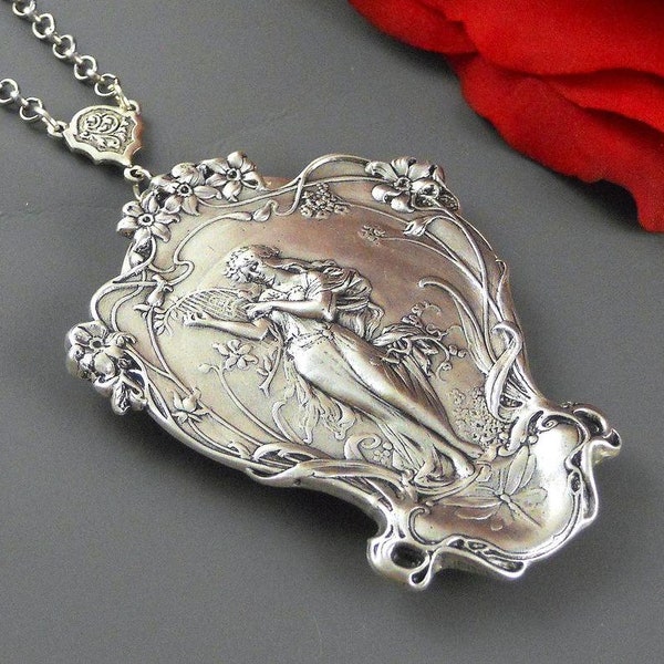 Antique Silver Goddess Locket Necklace, Art Nouveau Harp Jewelry