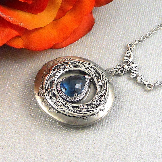 Victorian Photo Locket Necklace, Sapphire Blue Birthstone, Antique Silver