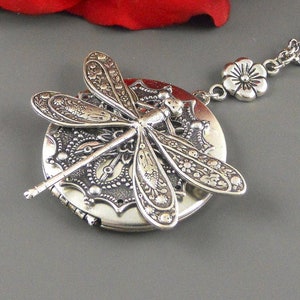 Custom Engraved Photo Large Dragonfly Locket, Locket Necklace, Silver Large Locket, Large Dragonfly, Snowflake Locket Personalized Necklace image 2