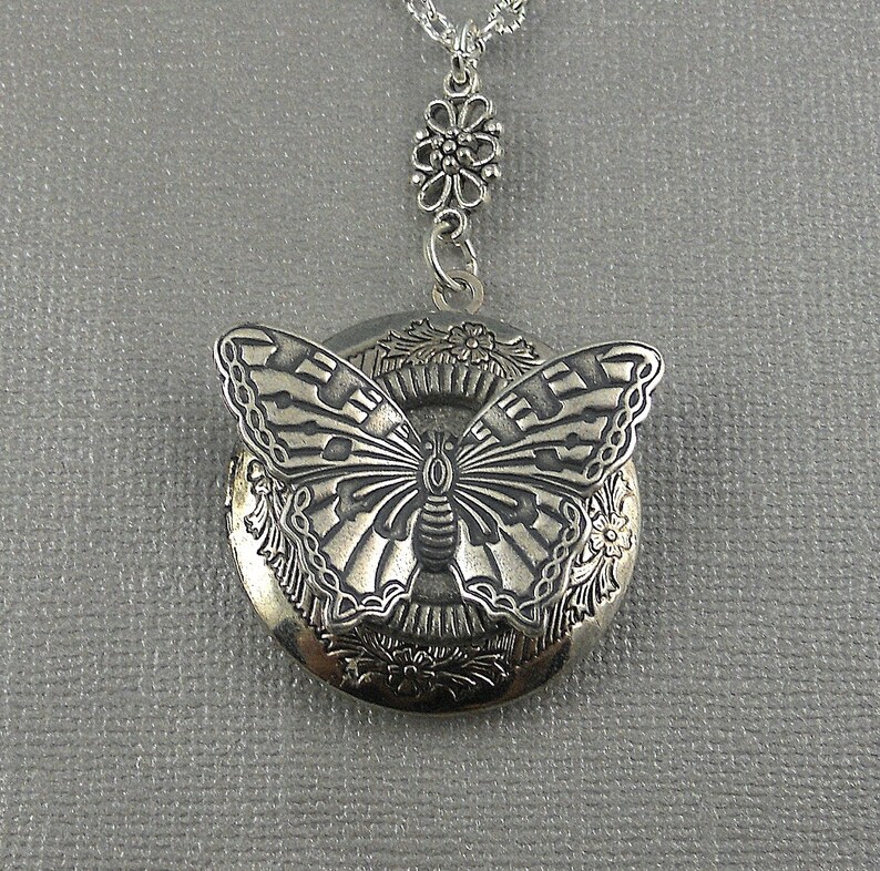 Silver Butterfly Locket Butterfly Necklace Butterfly Etsy