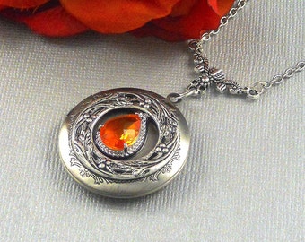 Personalized Photo Victorian Orange Sapphire Locket Antique Silver Locket Rhinestone Vintage  Birthstone Filigree Locket Necklace