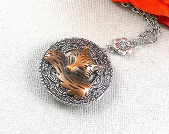 Personalized Photo Sleeping Fox Silver Fox Locket Fox Necklace Locket, Woodland Silver locket Antique Women Jewelry