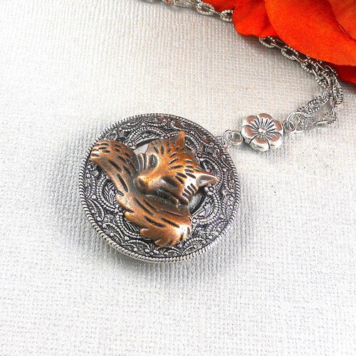 Personalized Photo Sleeping Fox Silver Fox Locket Fox Necklace Locket, Woodland Silver locket Antique Women Jewelry