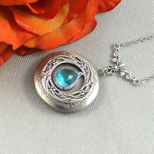 Personalized Photo Victorian Aqua Necklace Antique Silver Pendant Aquamarine  Rhinestone Vintage Light Blue Birthstone  Necklace