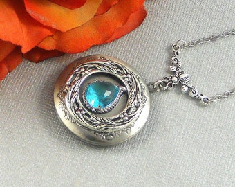 Personalized Photo Victorian Aqua Necklace Antique Silver Pendant Aquamarine  Rhinestone Vintage Light Blue Birthstone  Necklace