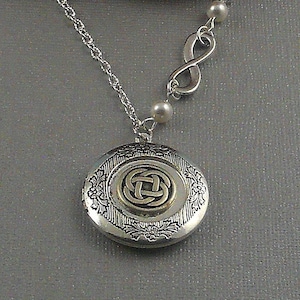 Custom Photo Silver Celtic Knot Locket, Antique Silver, Infinitely Triquetra, Trinity, Pearls, Locket Necklace