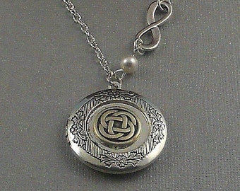 Antique Silver Celtic Knot Photo Locket Necklace, Swarovski Pearls, 28 inch