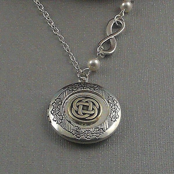 Custom Photo Silver Celtic Knot Locket, Antique Silver, Infinitely Triquetra, Trinity, Pearls, Locket Necklace
