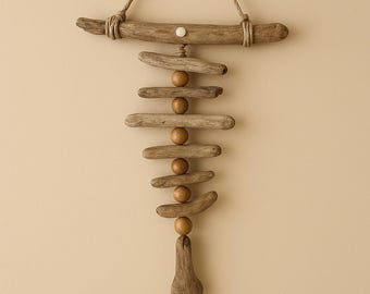 Driftwood Beaded Wall Hanging Decor | Natural Coastal Art | 12” Nautical Mobile for Beach Porch or Boho Gallery Wall Nursery Beach House