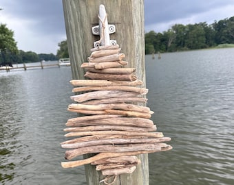 Hanging Driftwood Christmas Tree Rustic Coastal Holiday Decor Wood Xmas Tree, Unique Nautical Christmas Wall Hanging Decor