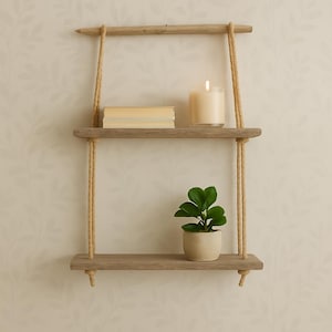 Driftwood Hanging Shelf with 2 Tiers | 20” Wide Coastal Rope Wall Shelf | Boho Rustic Bathroom or Bedroom Decor | Handmade Gift Idea