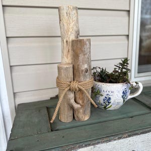 May include: A rustic wooden decor piece composed of three varying-height logs tied together with twine. A small, decorative teacup planter with blue floral designs and greenery sits nearby. The logs are light brown and beige.