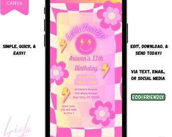 May include: A pink and yellow digital phone screen with a birthday party invitation. The invitation has a pink and white checkered background with pink flowers and lightning bolts. The text on the invitation reads "Let's Party!" and "Ariana's 11th Birthday".