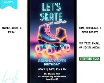 Pode incluir: Convite digital editável para uma festa de aniversário de 10 anos com tema de patins de neon. O convite apresenta um par de patins de neon rosa e azul com o texto "Let's Skate and Celebrate" em letras azuis de neon. O convite também inclui o texto "Ariana's 10th Birthday" e a data e hora da festa. O convite foi projetado para ser impresso e enviado por mensagem de texto, e-mail ou mídia social.