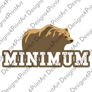 Puede incluir: Ilustración de un oso pardo con la palabra "MINIMUM" en negrita y contorneada. El oso está representado en un estilo de dibujos animados simplificado, con un cuerpo marrón claro y un contorno marrón oscuro.