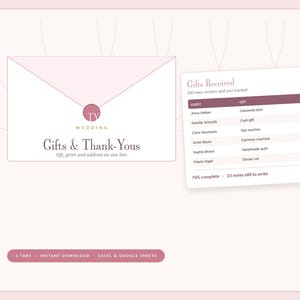 Könnte beinhalten: Eine digitale Vorlage zur Nachverfolgung von Hochzeitsgeschenken mit einem Umschlag-Symbol mit der Aufschrift Gifts & Thank-Yous und einer Tabelle namens Gifts Received. Die Tabelle enthält Spalten für Gästenamen, Geschenke und den Versandstatus.