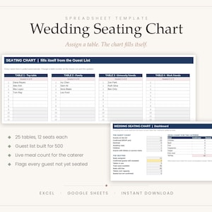 Könnte beinhalten: Eine digitale Tabellenvorlage für Hochzeits-Sitzpläne für Excel und Google Sheets. Das Layout zeigt eine Sitzplanansicht mit Tischen und eine Dashboard-Ansicht für Gästezahlen und Essensverfolgung. Der Text enthält Wedding Seating Chart.