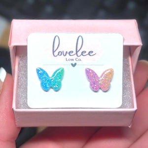 Sparkly Butterfly Stud Earrings Mismatched Color Studs Earrings Hypoallergenic for Sensitive Ears