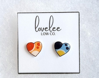Blue Heeler Cartoon Heart Stud Earrings: Hypoallergenic Mismatched Pair