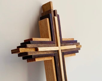 Cross Wooden Crucifix Wood Cross Stained Wooden Cross Crucifix Small Layered Wood Crucifix Cross Religious Home Decor Spirituality Crosses