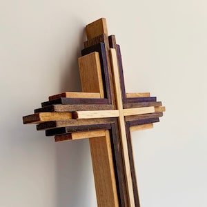 Cross Wooden Crucifix Wood Cross Stained Wooden Cross Crucifix Small Layered Wood Crucifix Cross Religious Home Decor Spirituality Crosses
