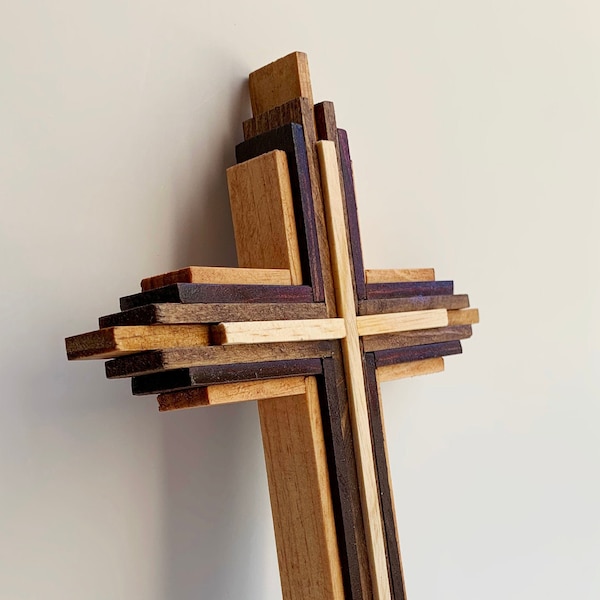 Cross Wooden Crucifix Wood Cross Stained Wooden Cross Crucifix Small Layered Wood Crucifix Cross Religious Home Decor Spirituality Crosses