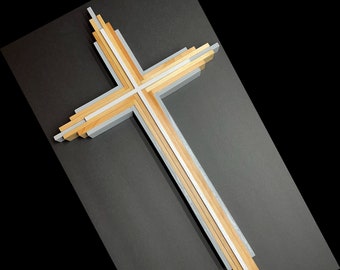 Cross Wooden Crucifix Wood Cross Natural Gray Wooden Cross Crucifix Layered Wood Cross Religious Home Decor Spirituality Large Cross