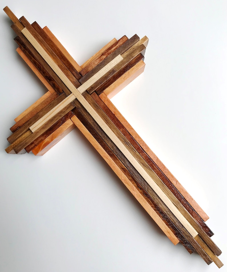 Cross Wooden Crucifix Wood Cross Stained Wooden Cross Crucifix Layered Wood Crucifix Cross Religious Home Decor Spirituality Crosses image 2