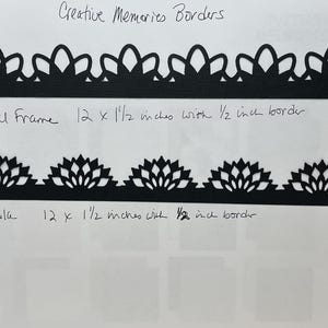 Puede incluir: Dos bordes de papel en blanco y negro con diseños intrincados. El borde superior está etiquetado como "Petal Frame 12 x 1 1/2 pulgadas con borde de 1/2 pulgada". El borde inferior está etiquetado como "Mandala 12 x 1 1/2 pulgadas con borde de 1/2 pulgada".
