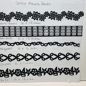 May include: A white sheet of paper with black text and black decorative borders. The text reads "Creative Memories Borders" and lists five different border designs with names and measurements in inches. The borders include "Merry Blooms", "Iron Gate", "Masquerade", "Scissors", and "Shells".