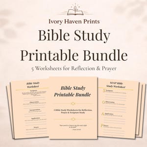 Puede incluir: Un paquete imprimible beige de estudio bíblico con el texto "Bible Study Printable Bundle" y "5 Worksheets for Reflection & Prayer". El paquete incluye tres hojas de trabajo con indicaciones para el estudio de las escrituras, la observación y la oración.
