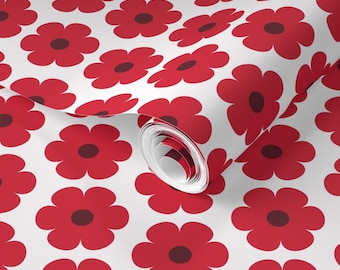 Red Daisy Peel and Stick Wallpaper, Retro Boho Decor