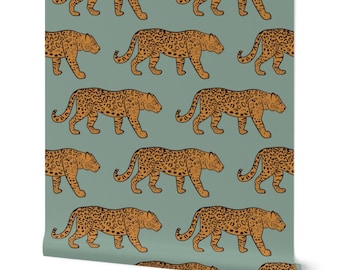 Jaguar Leopard Print Wallpaper, Golden Orange and Black on Sage Green, Peel and Stick