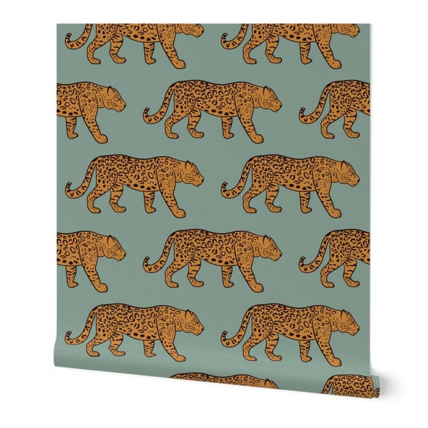 Jaguar Leopard Golden Orange Black on Sage Green Wallpaper in Peel and Stick or Prepasted Wallpaper, Renters Wallpaper, Accent Wallpaper