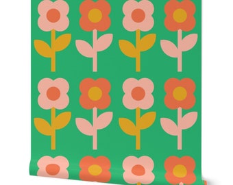 Retro Green Pink Daisy 70s Funky Wallpaper in Peel and Stick or Prepasted Wallpaper, Renters Wallpaper, Accent Wall, Colorful Wallpaper