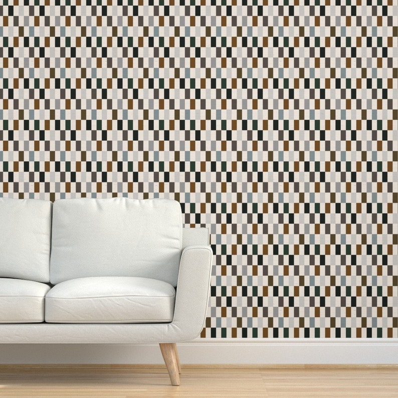 Wallpaper Checker Rectangle Moody Dark Neutrals Blue Grey Brown Tiles ...