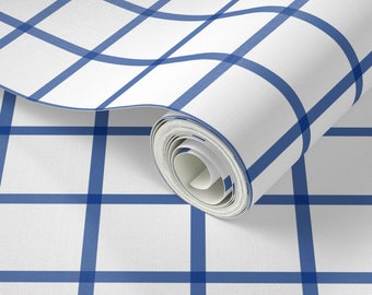 May include: A roll of white wallpaper with a blue and white checkered pattern. The wallpaper is rolled up and the end of the roll is visible.