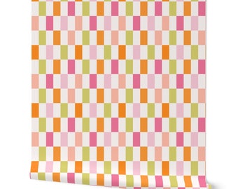 May include: A roll of wallpaper featuring a repeating pattern of vertical rectangles in shades of pink, orange, and green on a white background. The design is a modern take on a checkerboard.