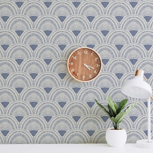 Retro Art Deco Flowers Blue and Off White Cream Peel and Stick Wallpaper, Prepasted Wall, Renters Wallpaper, Accent Wall, Removable Wall